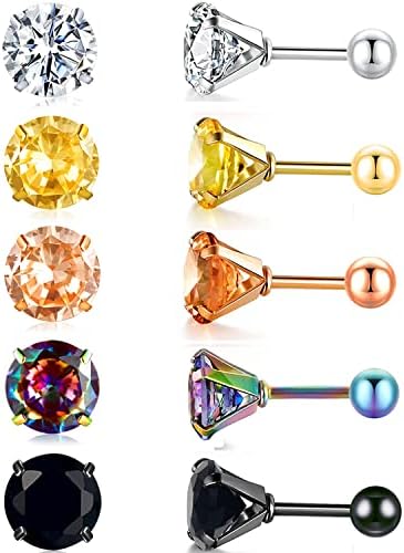 Titanium Rainbow Cubic Zirconia Screw Ball Back Pack of Earrings Colorful Faux Diamond Stud for Women Men 18K Gold Plated Surgical Stainless Steel Piercing Hypoallergenic for Sensitive Ears 20G