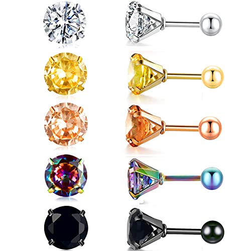 Titanium Rainbow Cubic Zirconia Screw Ball Back Pack Of Earrings Colorful Faux Diamond Stud For Women Men 18K Gold Plated Surgical Stainless Steel Piercing Hypoallergenic For Sensitive Ears 20G #TOP16