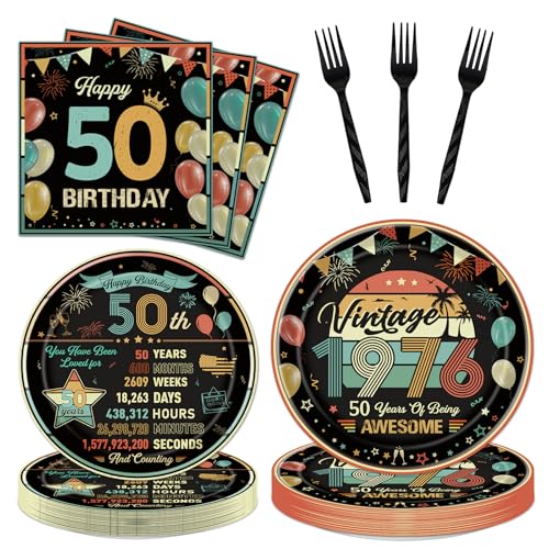 refavor Vintage 50th Birthday Plates and Napkins 96PCS Back in 1976 Birthday Party Decorations Supplies for Women Men Colorful Cheers to 50 Years Disposable Tableware Set Serve 24