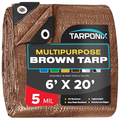 TARPONIX Brown Poly Tarp 6’ x 20’ – Lightweight 5 Mil Waterproof Cover – Durable, Weatherproof, Multipurpose Protection for Camping, Roofing, Construction