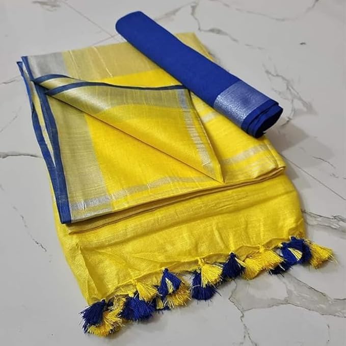 Image of STB-SILK TEXTILES BHAGALPUR Women's Linen Slub Saree With Contrast Blouse Piece