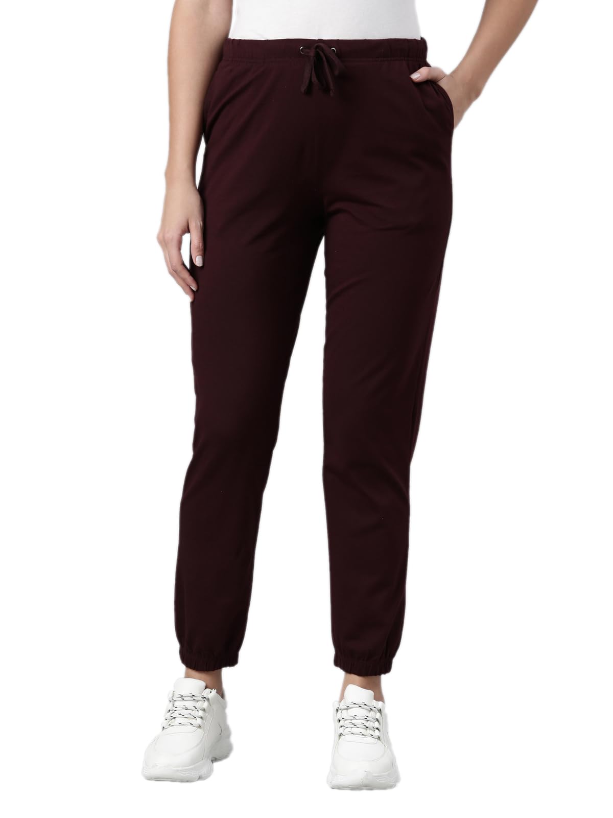 GO COLORS Women's Solid Dark Wine Mid Rise Casual Joggers