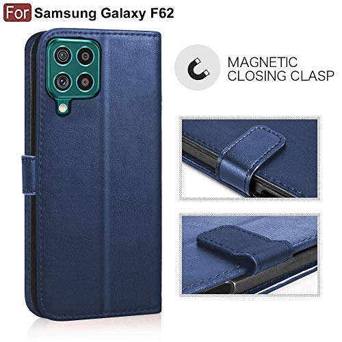 Image of CEDO Flip Cover for Samsung Galaxy F62 (4G) | Leather Finish | Inside Pockets & Inbuilt Stand | Shockproof Wallet Style Magnetic Closure Back Case Flipcover (Blue)