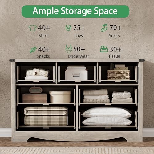 Image of Dresser for Bedroom with 7 Drawers, 48 inch Wide Modern Chest of Drawers with Deep Drawers & Mental Handle, Wood Dresser TV Stand, Wooden Closet Storage Organizer for Living Room, Hallway, Entryway, Grey