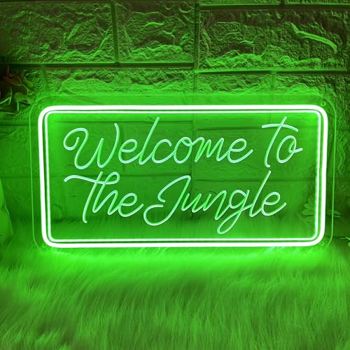 Image of Welcome to the Jungle Neon Sign, Neon Light Sign for Wall Decor Dimmable Green LED signs for Bedroom Home Birthday Party Wedding Engagement Garden Man Cave Decor USB Powered