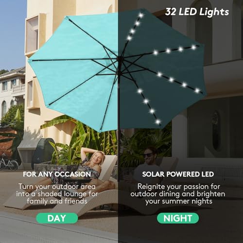 Image of JEAREY 9FT Outdoor Patio Umbrella with Solar Lights, LED Lighted Pool Umbrella with Tilt and Crank, Outdoor Table Umbrellas for Deck, Yard & Market (Teal)