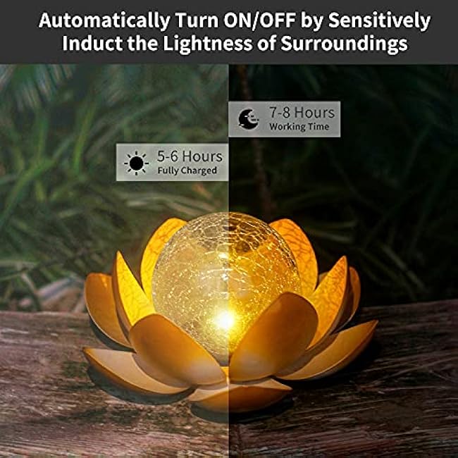 Decorman Solar Garden Lights Outdoor, Crackle Globe Glass Lotus Decoration, Waterproof Metal LED Flower Lights for Yard, Patio, Lawn, Pathway, Tabletop (1 Pack, Orange)