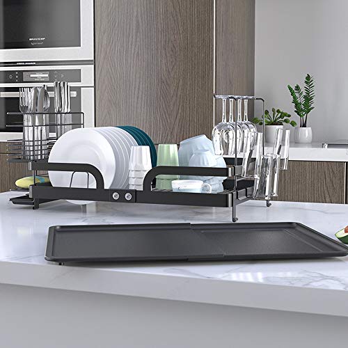 CozyBlock Steel Foldable Dish Drying Rack with Utensil, Cutlery Holder & Glass Hanger – Rust Proof Kitchen Countertop Dish Rack with Extra Large Drainboard Set – Bonus Drinkware Clips