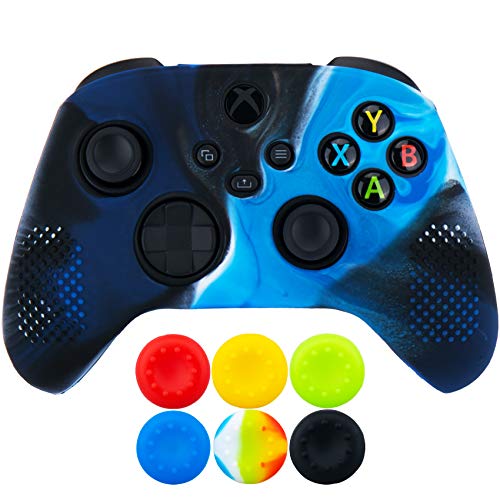 9CDeer 1 x Silicona Protector Cubrir Piel + 6 Apretones de Pulgar y Tapones a Prueba de Polvo para Xbox Series X/S Mando Camuflaje Azul