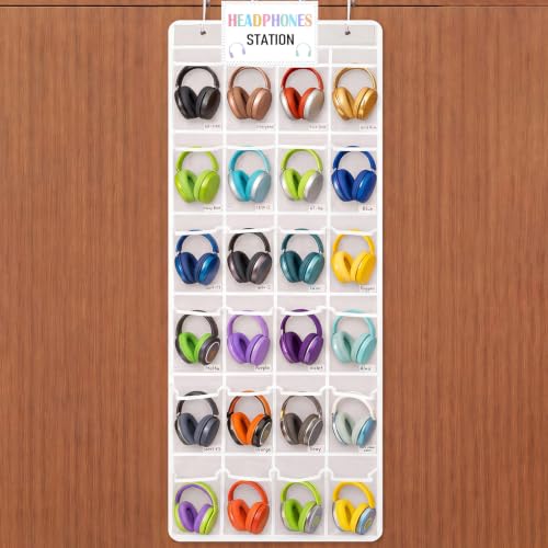 Maasechs Classroom Headphone Storage Organizer 24 PVC Clear Over The Door Hanging Classroom Headphone Holder Pocket with 4 Hooks for School Library(White)