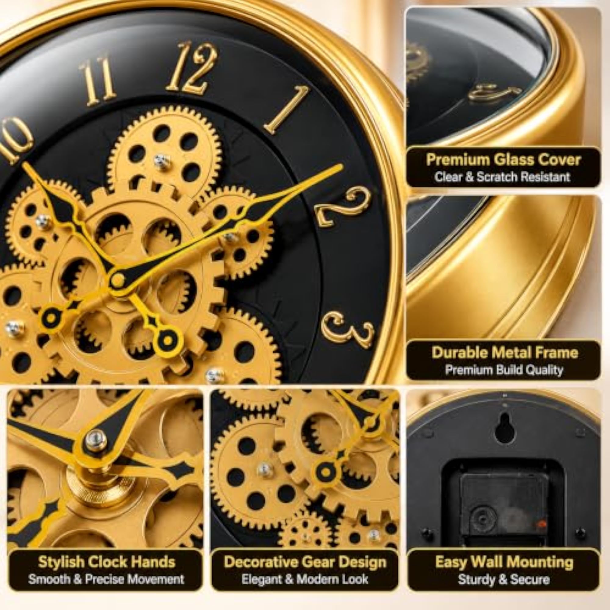 Luxury Gold & Black Gear Wall Clock, Decorative Piece