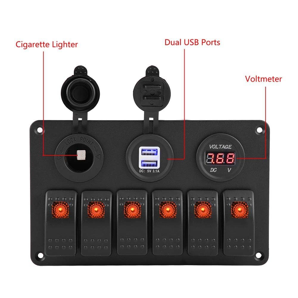 Panel Przełączników, 12V 24V 6 Gang Car Boat Marine LED Panel Przełączników Kołyskowych Podwójny Woltomierz USB Zapalniczka(Pomarańczowy)