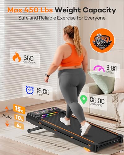 Image of Walking Pad Treadmill with 15% 12-Level Auto Incline, 450 lbs Capacity UI Screen, Trisomy 3.5HP Quiet Under Desk Treadmill with Speaker & Remote, Compact Treadmills for Home Hiking