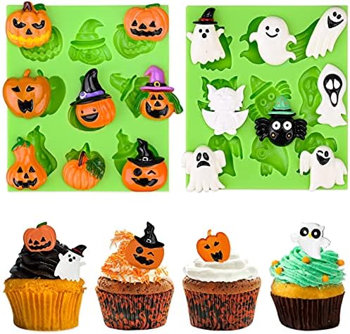 Halloween Fondant Molds Silicone, Pumpkin Bat Witch Ghost Owl Candy Molds for Cupcake Topper Decorating DIY Chocolate Candy Gum Paste Resin Clay Crafting Projects