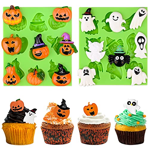 Halloween Fondant Molds Silicone, Pumpkin Bat Witch Ghost Owl Candy Molds For Cupcake Topper Decorating Diy Chocolate Candy Gum Paste Resin Clay Crafting Projects #TOP26