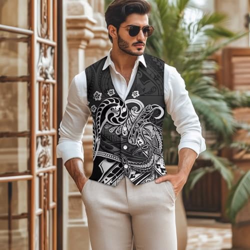 TOADDITDO Polynesian Print Men's Suit Vest Sleeveless Formal Waistcoat Button Down Tuxedo Vest Size S-2XL2