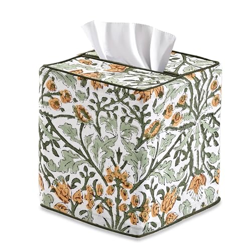Ridhi Goldenrod Yellow Block Print Tissue Box Cover – Handmade Cotton Fabric Tissue Holder for Home Bedroom Living Room Bathroom Vanity Car Nightstand Office Kitchen – Decorative Square Napkin Holder by Ridhi - Used condition - US$18.67