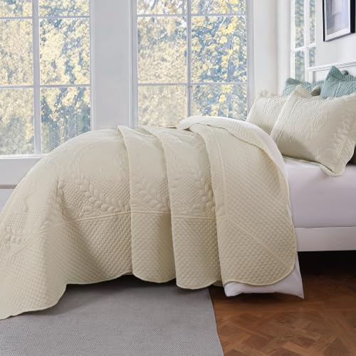 Image of EVENHUG Oversized King Bedspreads California King Quilt Set with Pillow Shams Extra Wide Large King Size Quilts Lightweight Coverlet Bedding Sets Cream 120 inchx120 inch