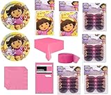 Dora Birthday Party Supplies Decoration Favor Bundle for 16 includes 16 Plates, 16 Napkins, 1 Table Cover, 1 Crepe Streamer, 16 Invitations, 16 Party Favor Glasses