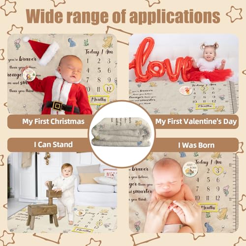 Image of Classic Pooh Baby Monthly Milestone Blanket, Winnie Baby Blanket Growth Chart, Blanket with Photo Tools, with Double-Sided Printed Cardstock(16 Unforgettable Moments of Babies) 30 * 40in