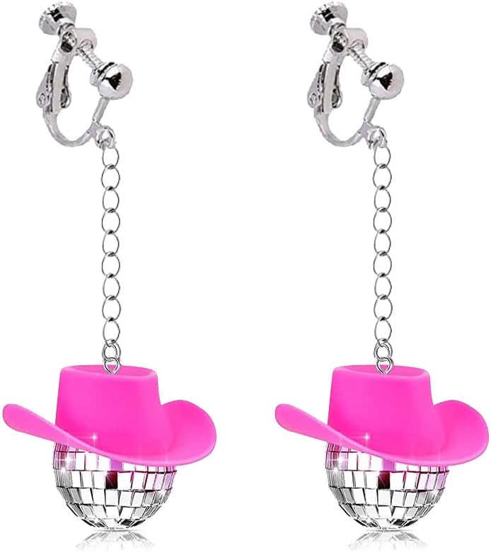 Silver Disco Ball Clip on Earrings Western Cowboy Hat Earrings 60's 70's Halloween Mirror Ball Earrings Women's Costume Accessories