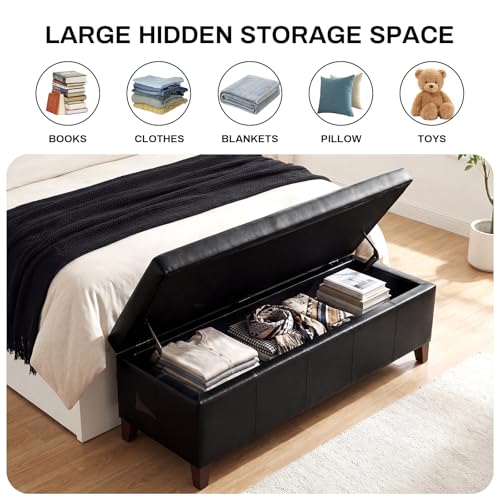 Image of 51 inch Black Faux Leather Storage Ottoman Bench
