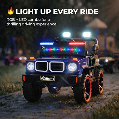 Image of Wishmaster 4x4 Kids Electric Ride On Jeep with Remote Control | Battery Operated Car for Kids 2-6 Years | RGB LED Lights, Bluetooth Music | Birthday Gift | 1-Year Warranty On Motors & Motherboard