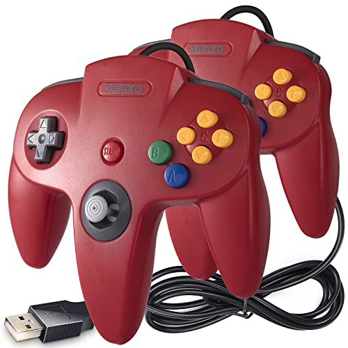 2 Pack Classic N64 USB Controller, kiwitatá Retro N64 Wired PC Game Pad Controller Joystick for Windows PC & Mac Raspberry Pi Red