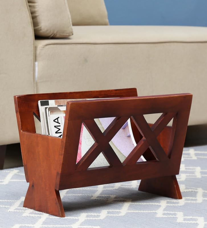 The Rootcraft Arianna Mahogany Mango Wood Magazine Rack | Solid Wood Holder for Living Room, Bedroom & Office, Stylish Storage for Books, Newspapers & Magazines