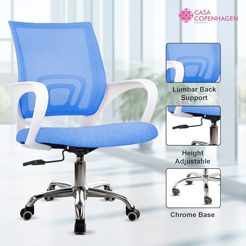 Image of Casa Copenhagen Mesh Mid Back Office /Study /Computer /Revolving /Desk Chair for Work from Home -Metal Base, Height Adjustable Seat- Jet Blue & White Handle