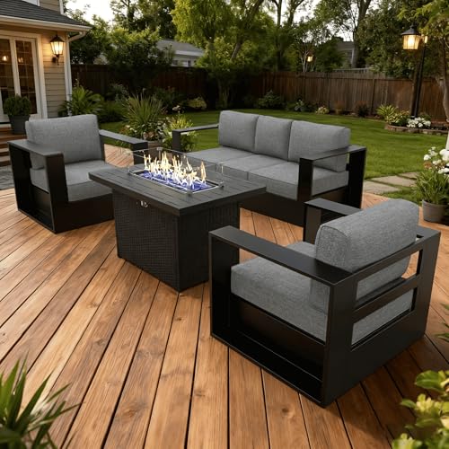 Image of LayinSun Oversized Aluminum Outdoor Furniture Set, 4 Piece Patio Sofa Sets with Fire Pit Table, Deep Seating and Upgraded 6-inch Cushions for Porch, Balcony, Deck