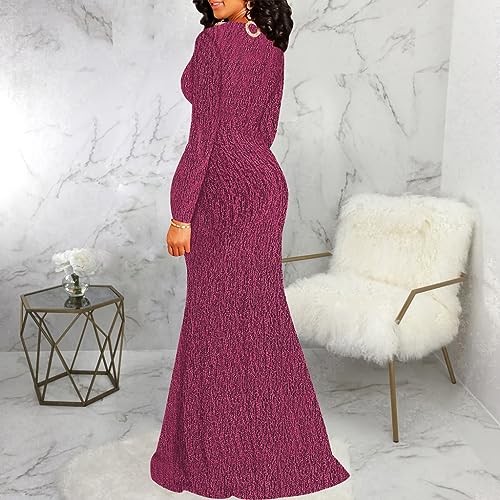 Image of Women's Sexy Long Sleeve Sparkly Maxi Dress V Neck High Slit Wrap Formal Gown Cocktail Glitter Maxi Long Dresses