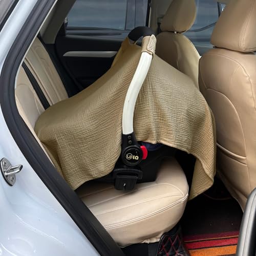 Image of 100% Muslin Cotton Car Seat Cover Baby, Carseat Canopy Cover, Universal Fit Stroller Covers for Boys and Girls (Coffee)