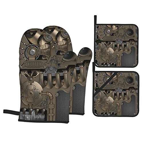 Set di guanti da forno e presine con ingranaggi meccanici Steampunk, guanti da forno con impug stampata antiscivolo lavabili resistenti al calore per microonde, barbecue, cottura alla griglia