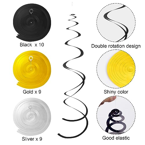 Image of Colorful Ceiling Swirl Foil Decorations Hanging Plastic Streamer Themed Swirl Party for Halloween Graduation Celebration, Pack of 28 (Gold, Black and Sliver)