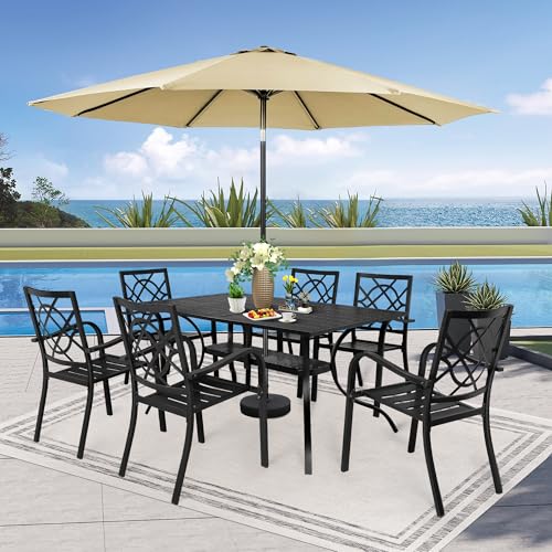 Image of SUNCROWN 8-Piece Outdoor Wrought Iron Chairs and Table Patio Dining Furniture Set - 6 Stackable Metal Chairs, 1 Steel Slat Bistro Table and 1 Brown 9Ft Patio Umbrella for Garden Backyard Deck