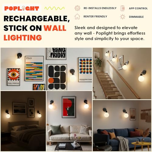 Image of Poplight Wireless Wall Sconce (Shark Tank) Rechargeable & Dimmable LED Light w /App Control & Damage-Free Install, Moveable Modern Ambient Lighting for Elegant Home & Bedroom Decor | Matte Black
