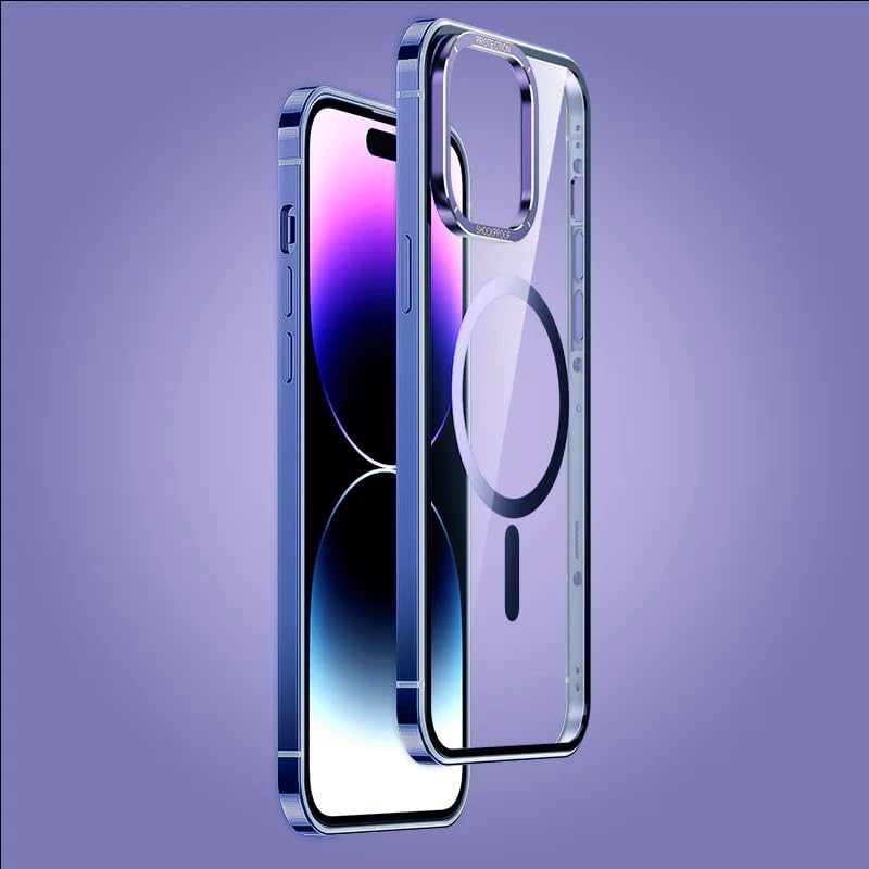 Stainless Steel Finish Aluminium Frame Highly Clear Transparent Backboard Lightweight Compatible with Magsafe Mobile Cover/Case For iPhone 15 Pro & iPhone 15 Pro Max. (Blue, iPhone 15 Pro Max)