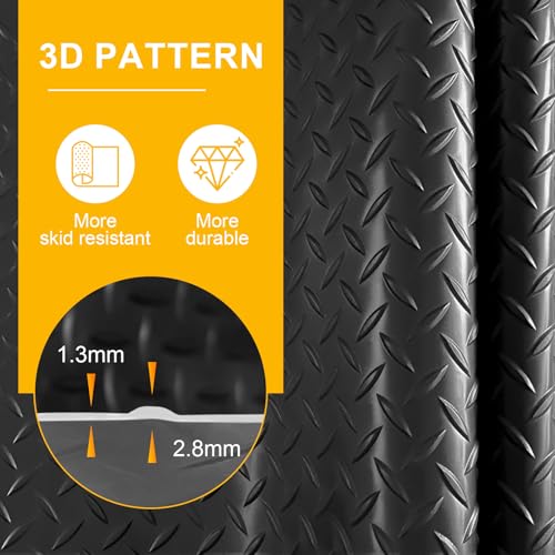 Grandroad auto 8x20 FT Garage Floor Mat, 2.8mm Thickened Flooring Roll Diamond Plate PVC Rubber Trailer Mat with 20 Pcs Tapes, Non-Slip Floor Protector Mat for Garage, Warehouse, Gyms, Trailer, Black
