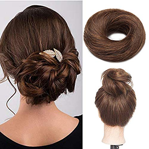 Haargummi mit Haaren Haarteile Echthaar Haargummi für Haarknoten Haarteil Dutt 100% Human Hair Glatt Hochsteckfrisuren 17 Gramm 04# Mittelbraun Cover