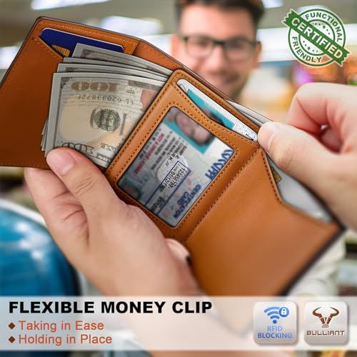 Image of BULLIANT Men Wallet Leather Wallet Card Holders Money Clip for Men 10Cards-Magnetic Flip on Metal Case