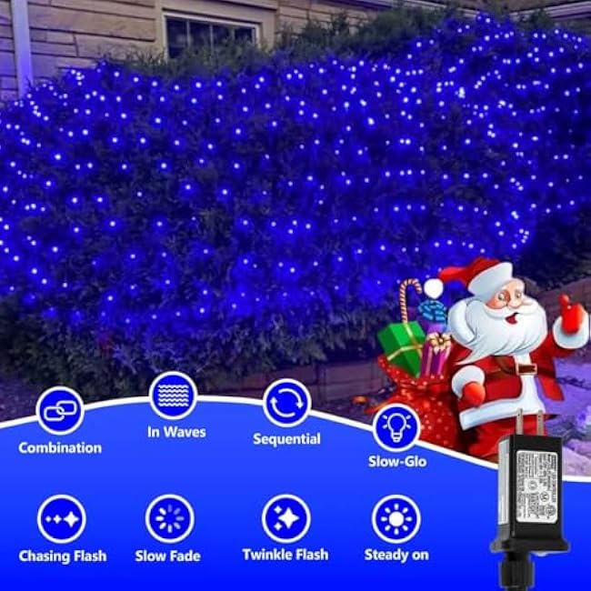 QITONG Blue Net Lights Outdoor Mesh Lights, 12ft x 5ft 360 LED Christmas Light with 8 Modes, Clear Wire Tree Bush Light Plug in