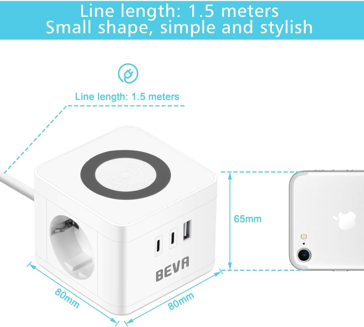 Socket Cube, BEVA Cube Kostka z 2 gniazdami +2 USB C+1 USB-A, z funkcją ładowania bezprzewodowego, ładowarka do telefonu komórkowego, w podróży, gospodarstwie domowym i biurze, biała