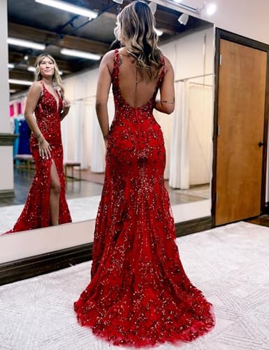 Sequin Prom Dresses for Women 2025 Mermaid V Neck Backless Evening Gowns with Slit3