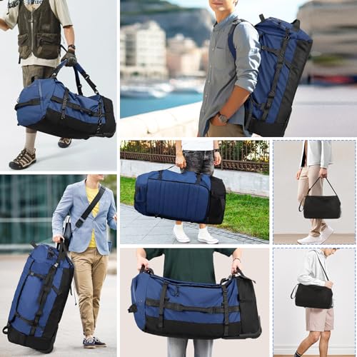 CONTAIL 86L Foldable Wheeled Duffel Backpack with Padded Quilted Bottom,Waterproof Travel Duffle Bag with Extended Handles,Navy2