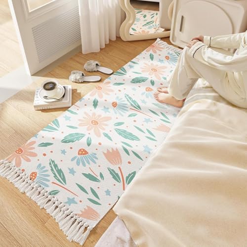 Image of SAGON 2x5 Ft Printed Runner Carpet - Cotton Bedside Rug for Bedroom & Living Room (Stylized Floral)