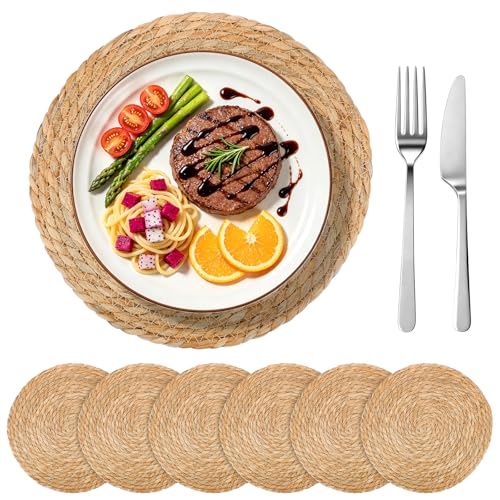 6 PCS 30cm/11.81in Woven Placemats Round Rattan Placemats Bohemian Wicker Placemats for Table Mats and Wall Decorations