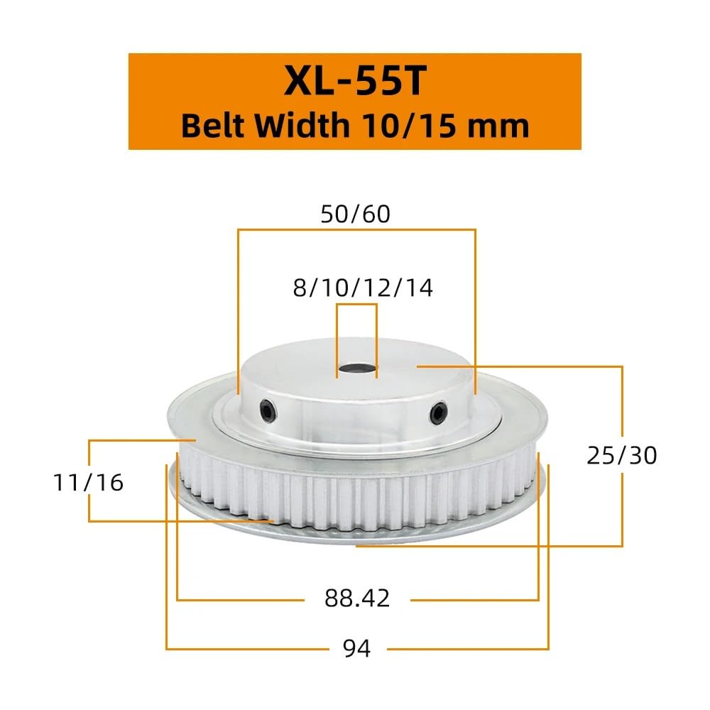 Poulie de moteur XL 55 dents, pas trapézoïdales 5,08 mm, alésage poulie transmission 10/12/15, largeur 10/15, courroie distribution(10 mm,1pc/Belt Width 15 mm)
