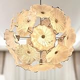 BeyPan Hand Blown Glass Chandelier Sputnik with Round White Lotus Flower Luxury Glass Chandelier Decor Ceiling Light Plug in Glass Light Fixture-32 Dia