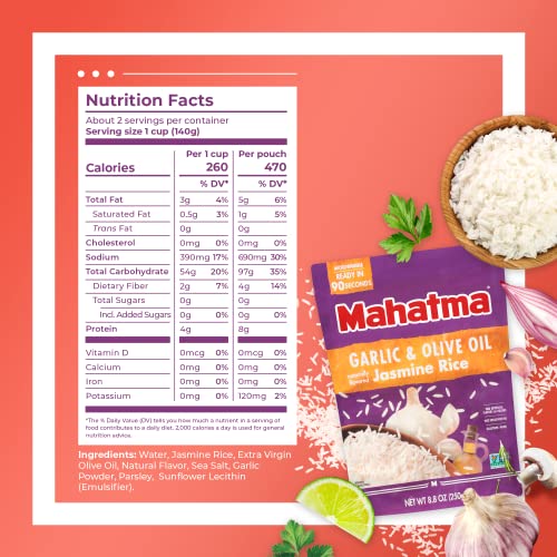 Image of Mahatma Ready to Heat Garlic & Olive Oil-Flavored Jasmine Rice, Precooked Rice, Microwaveable in 90 Seconds, Six 8.8-Ounce Bags (Pack of 2)